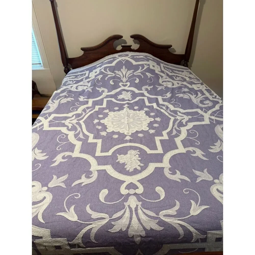 Queen Size 100% Cotton Bedspread Coverlet + Two Square Shams Purple and White